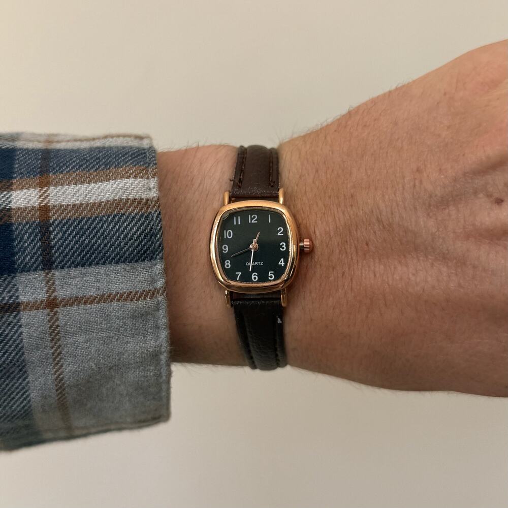 Y2K Rose Gold Brown Leather Quartz Watch with Black Dial Unisex 8.5" New